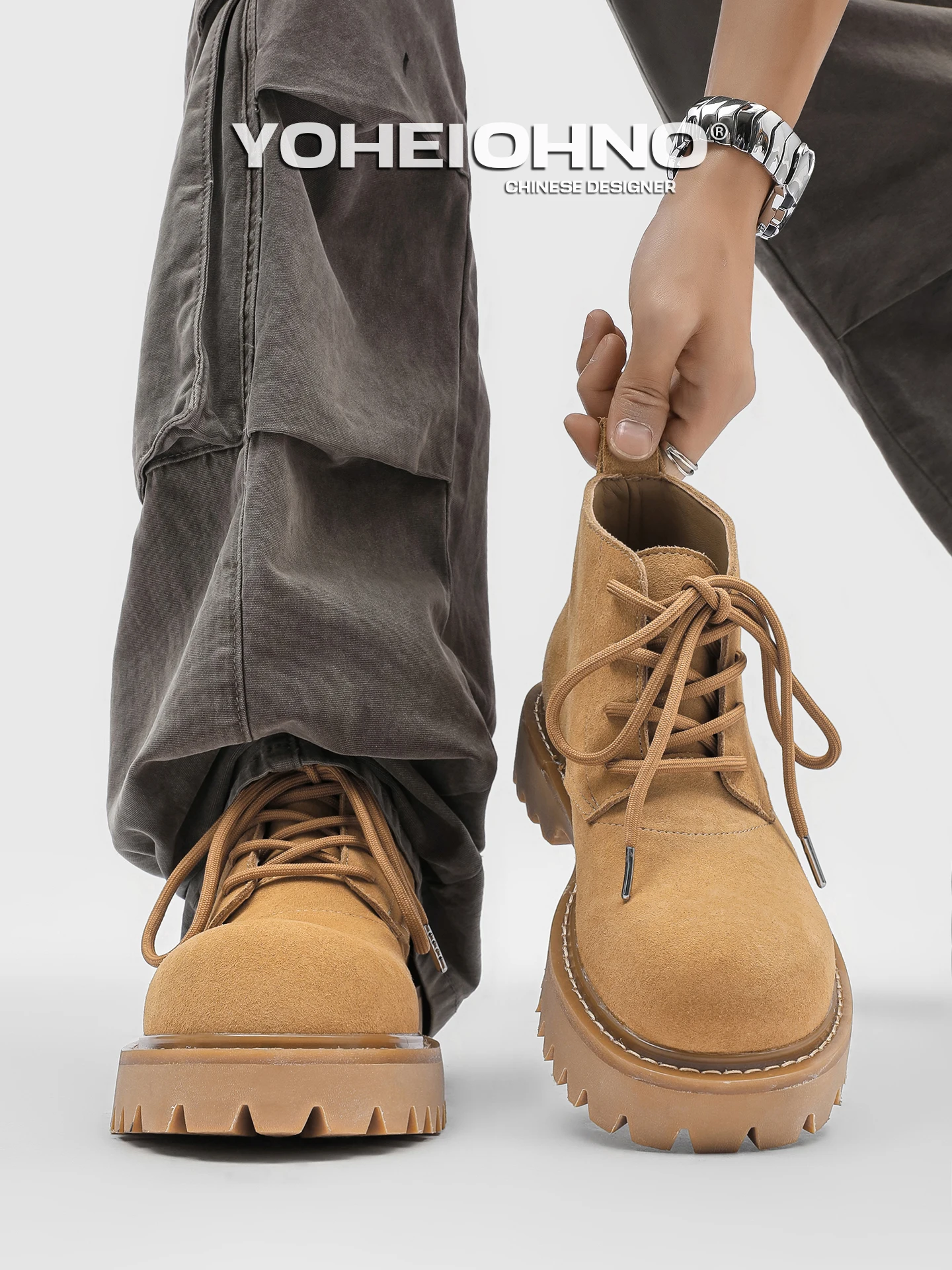 

Retro Thi Bot Heightening Yellow Boots Men Women Casual Commuter Workwear Boots ort Tube round Toe Rubber Sole