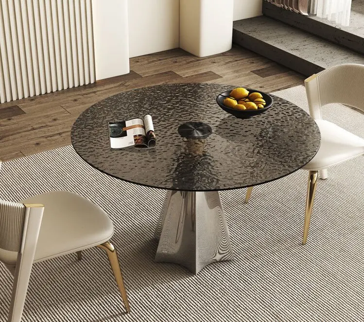 

Italian Light Luxury Round Table High-end Tempered Glass Round Dining Table Designer Stainless Steel Dining Table Dining Chair