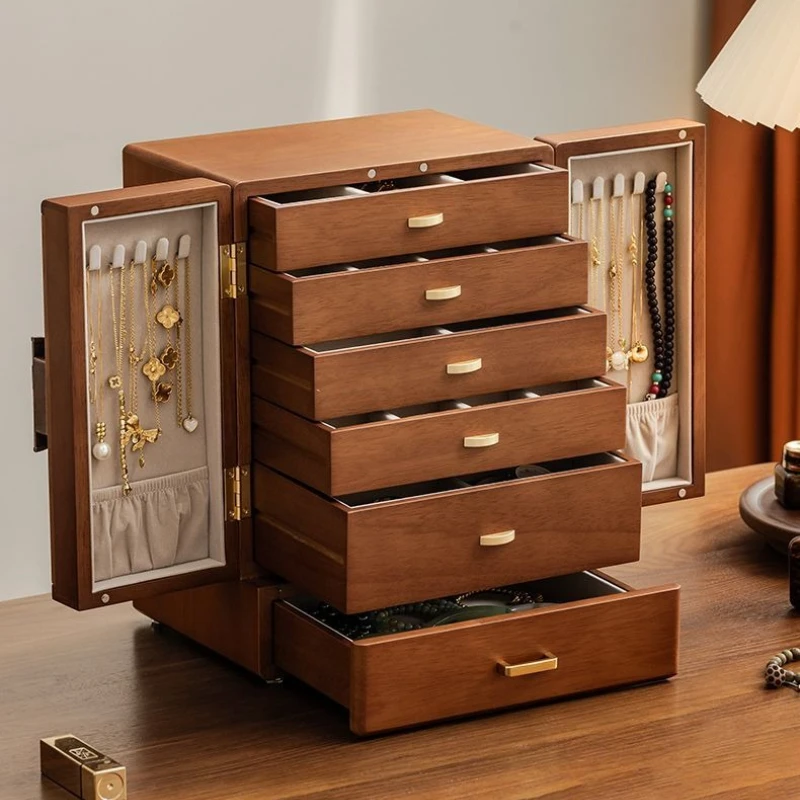 Solid Wood Jewelry Box Large-capacity Jewelry Storage Boxes Multi-layer Earrings Ring Organizer Box Retro Necklace Display Case