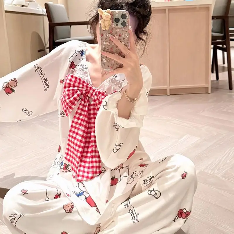 

Anime Hello Kitty Women's Pajamas kawaii Cartoon Sweetheart Style Home Clothing Long Sleeve Trousers Girl Casual comfort Clothe