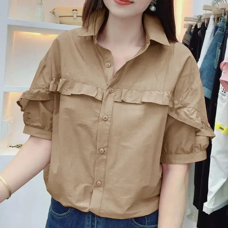 Women\'s 2024 Summer Splicing Turndown Collar Button Fashion Solid Color Ruffle Edge Waist Wrap New Loose Casual Ice Silk Shirt