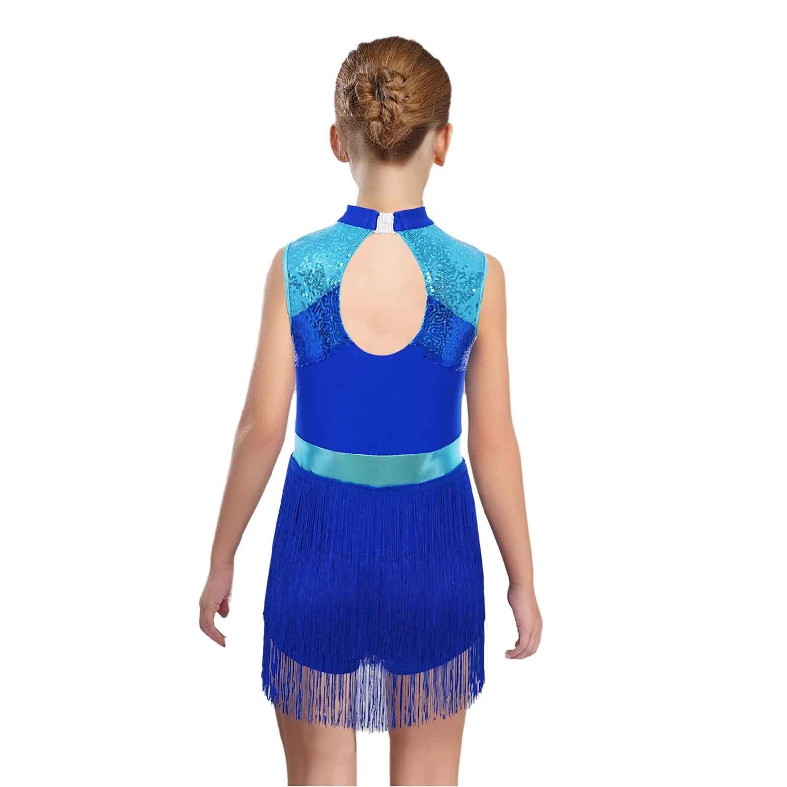 Costume de spectacle de danse Jazz latine pour enfants filles, robe lyrique sans manches à paillettes brillantes et glands pour vêtements de danse sur scène latine Cha-cha