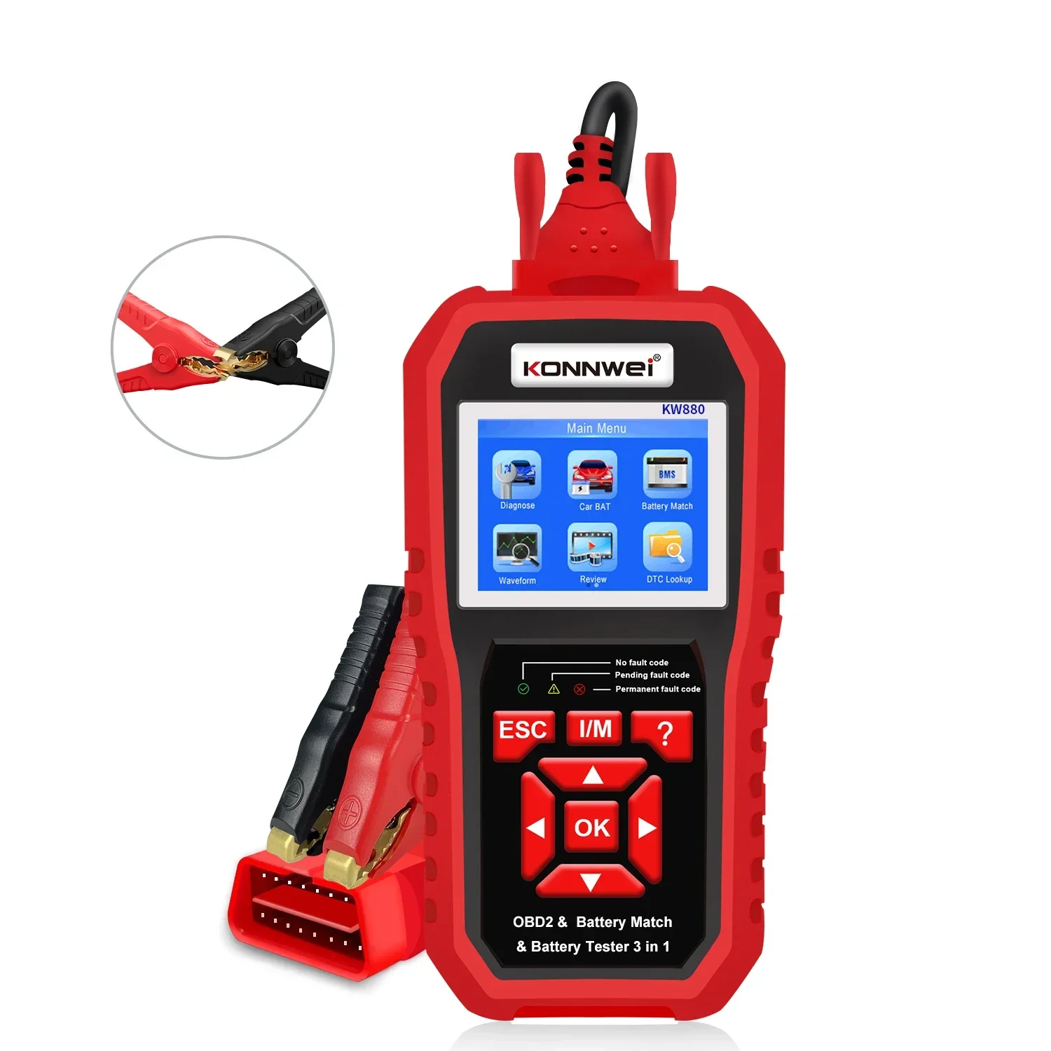 KONNWEI KW880 12V Car Battery Tester Analizer Auto Diagnostic Tool  Battery Match 3 in 1 Car OBD2 Scanner Full OBD2 Function