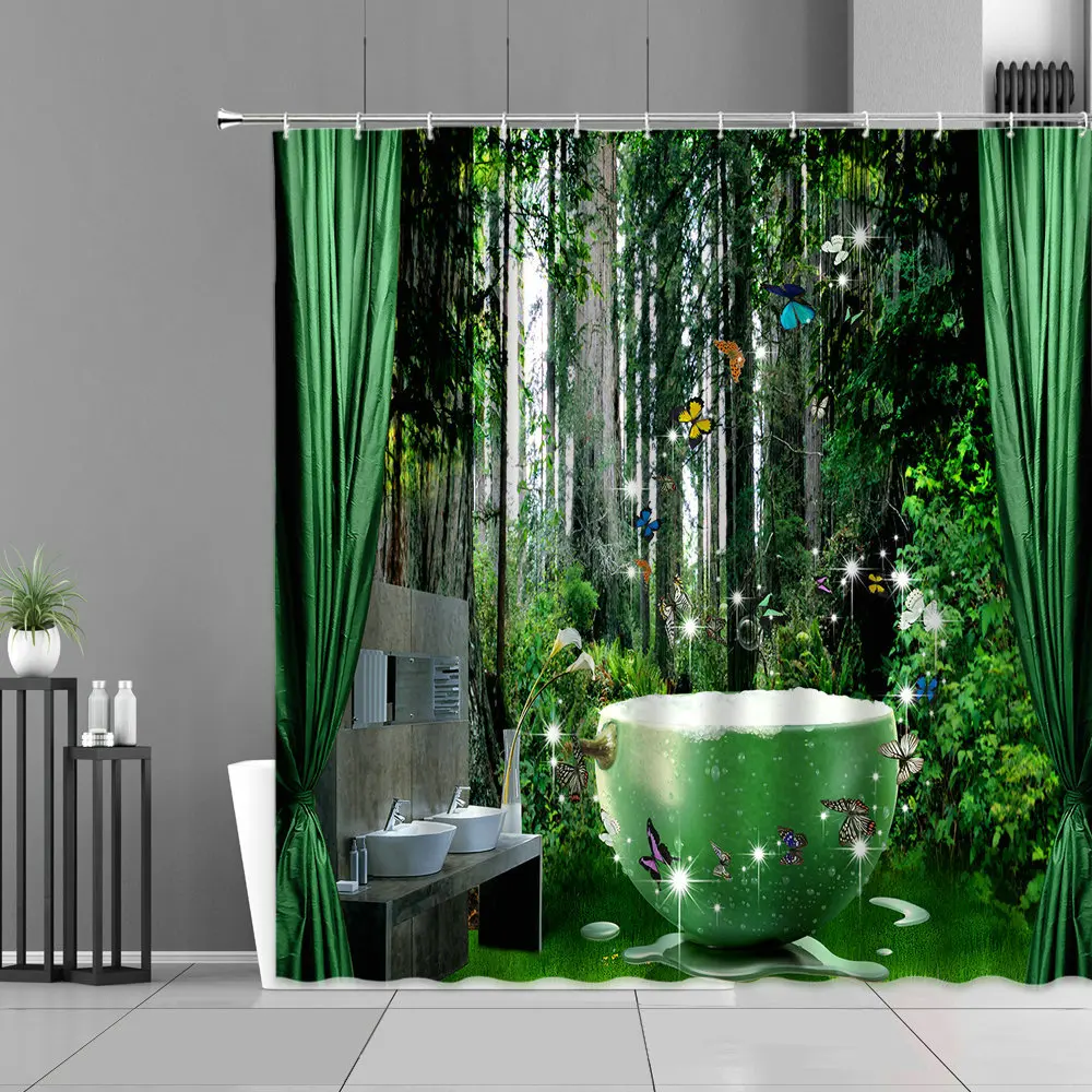 

Chinese Style Shower Curtains Mountain Water Bamboo Forest Swans Nature Scenic Bathroom Decor Waterproof Cloth Curtain Set