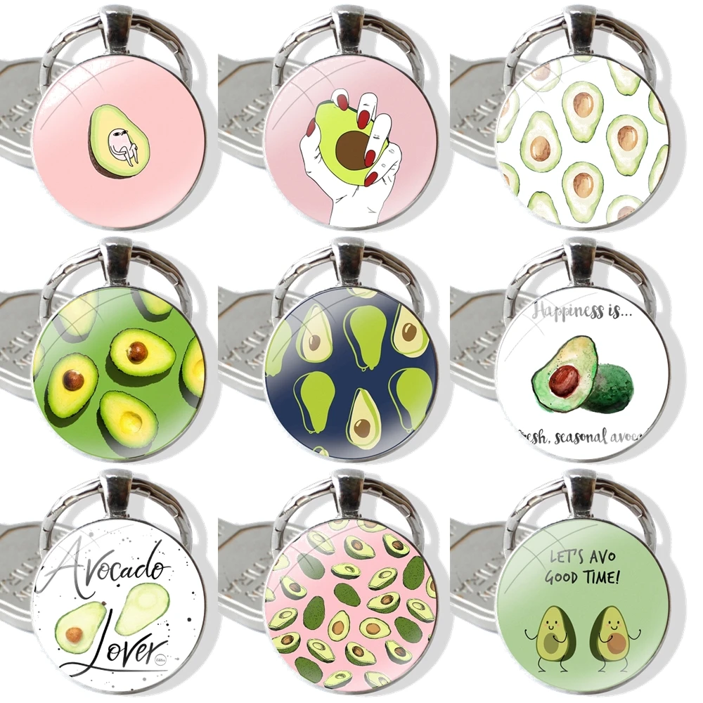 Cute Avocado Food Keychain Handmade Glass Cabochon Key Ring Holder Pendant Key Chains