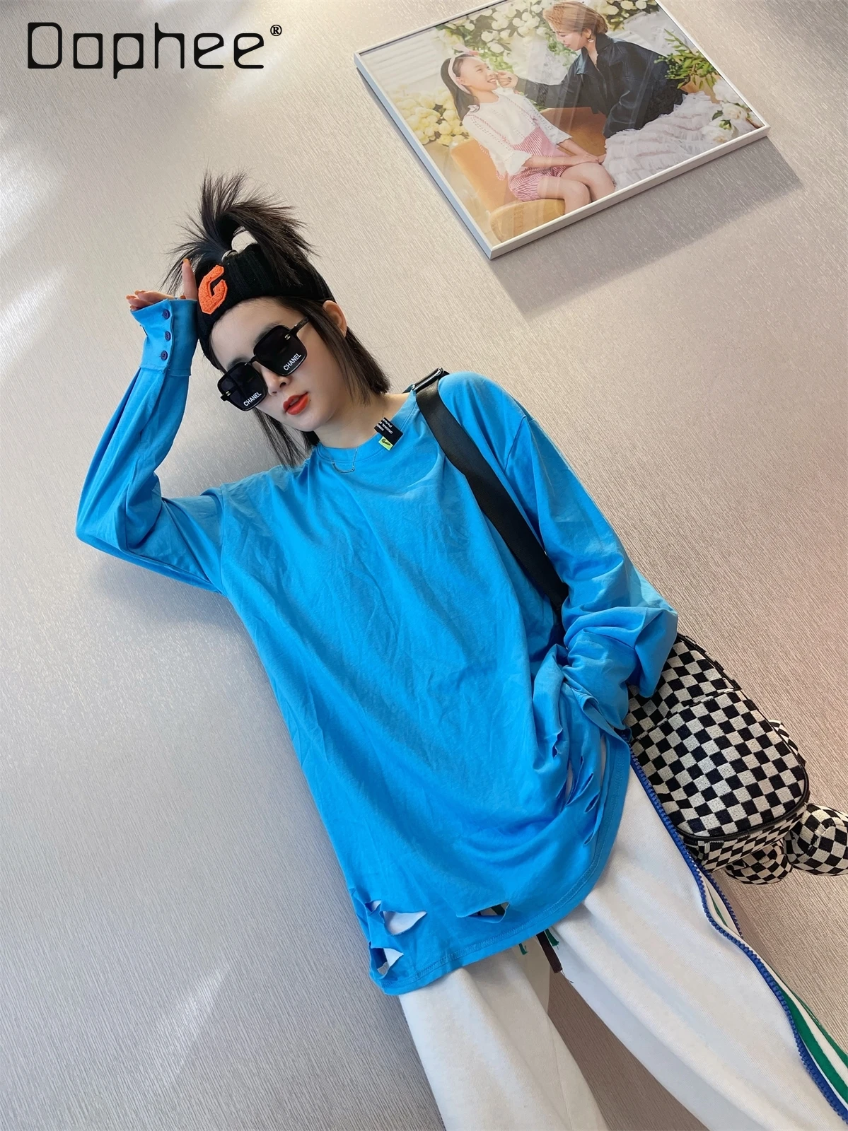 Spring Autumn Loose Cotton Solid Color Long Sleeve T-shirt Female Korean Ripped Round Neck Bottoming Shirt Top Women Clothing