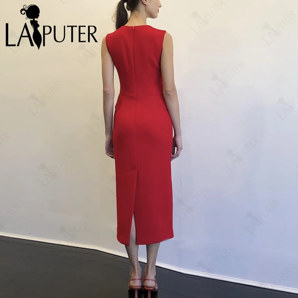 Mulheres Vestidos de Crepe Vermelho Grosso, Bainha Ruched da Senhora, Elástico, Comprimento Chá, Sem Mangas Vestido de Festa, Celebridade Moda, Vestido de Baile