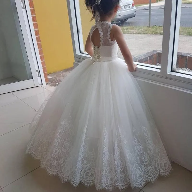 White Ivory Flower Girl Princess Dress Lace Appliques Tulle Floor Length Kids Ceremony First Communion Party Ball Gown