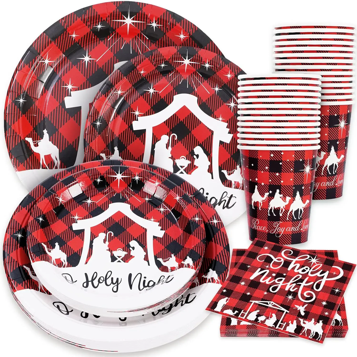 Juego de Vajilla Desechable Whaline de 100 Piezas para Navidad, Platos, Servilletas y Vasos de Papel con Diseño de Jesús y la Noche Santa, Color Rojo y Negro a Cuadros Buffalo