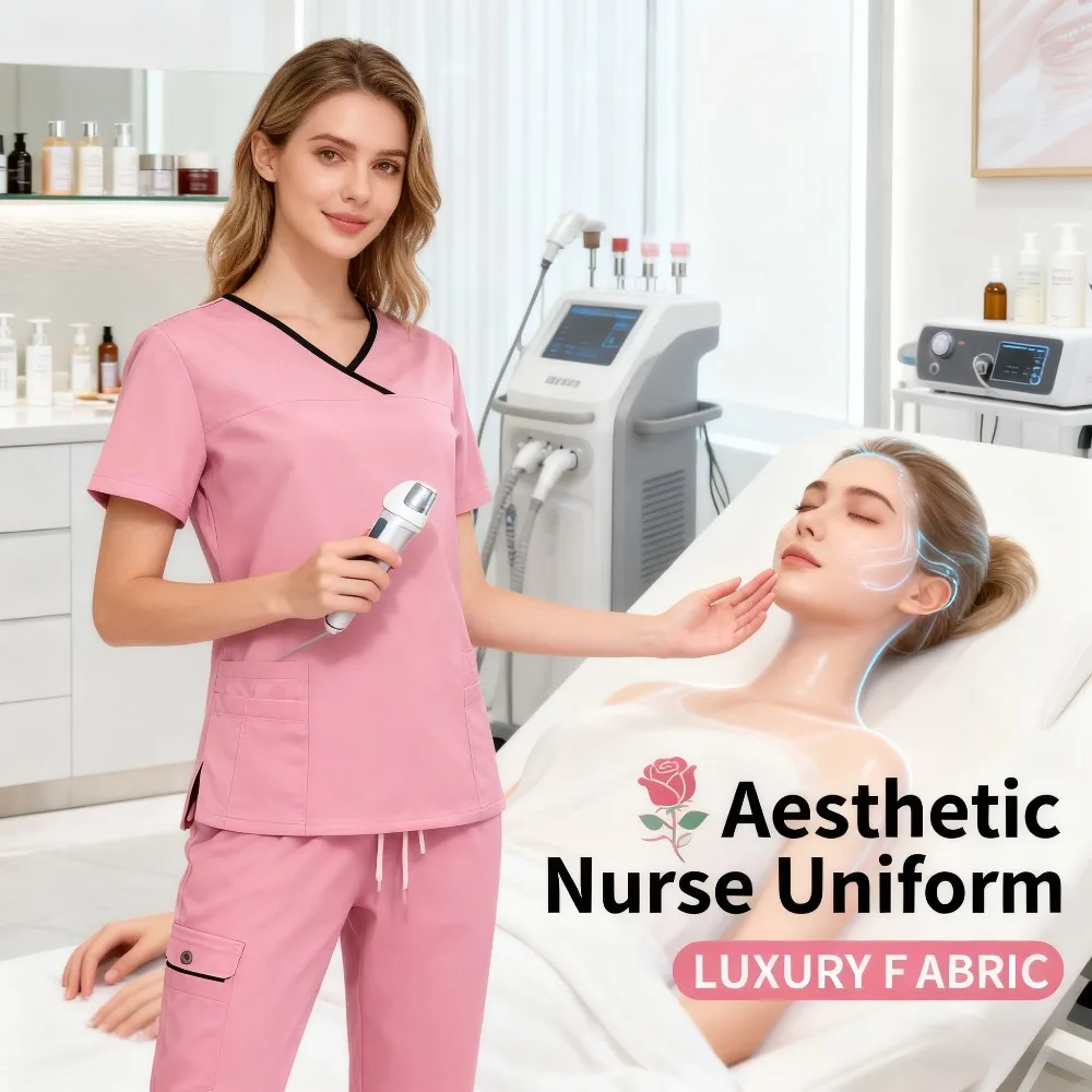 Комплект рабочей формы с матовой отделкой, эластичный топ с карманами и брюки с прямыми штанинами для наряда красоты и медсестер