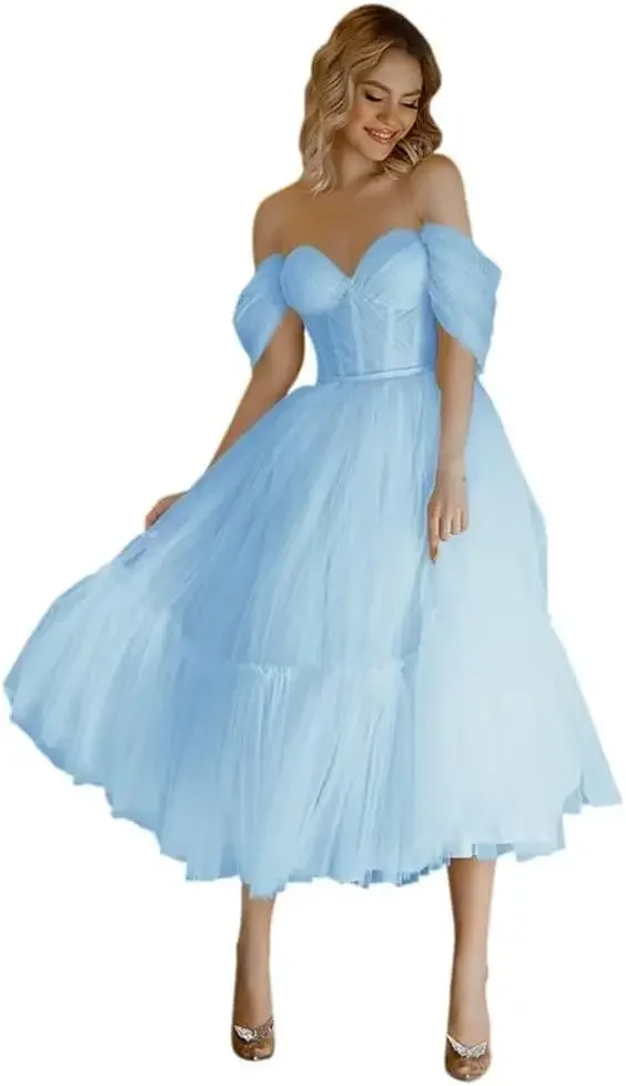 

Off Shoulder Tulle Homecoming Dress for Teens Sweetheart Ruffle Sleeves Prom Dress Tea Length A Line Party Gowns Evening Dresses