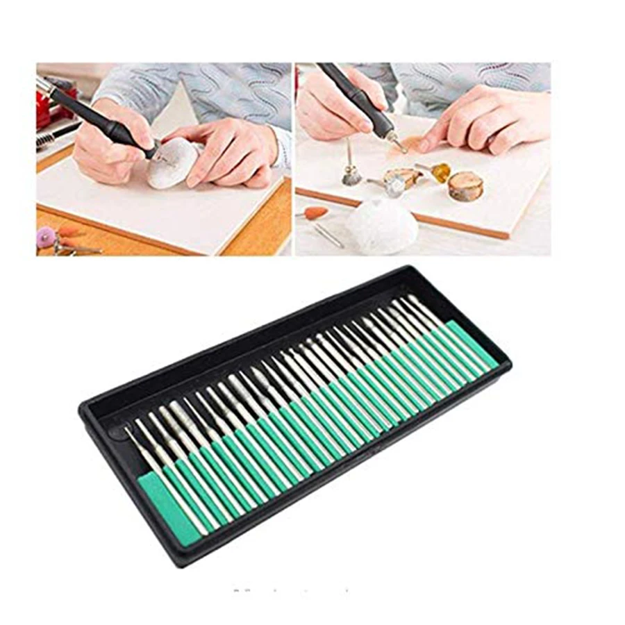 30Pcs Diamond Drill Bit Set for Glass Stone Jewelry Beach Sea Shells Gemstones, Cylindrical Burr Kit Shank Tip Grinding Diamond