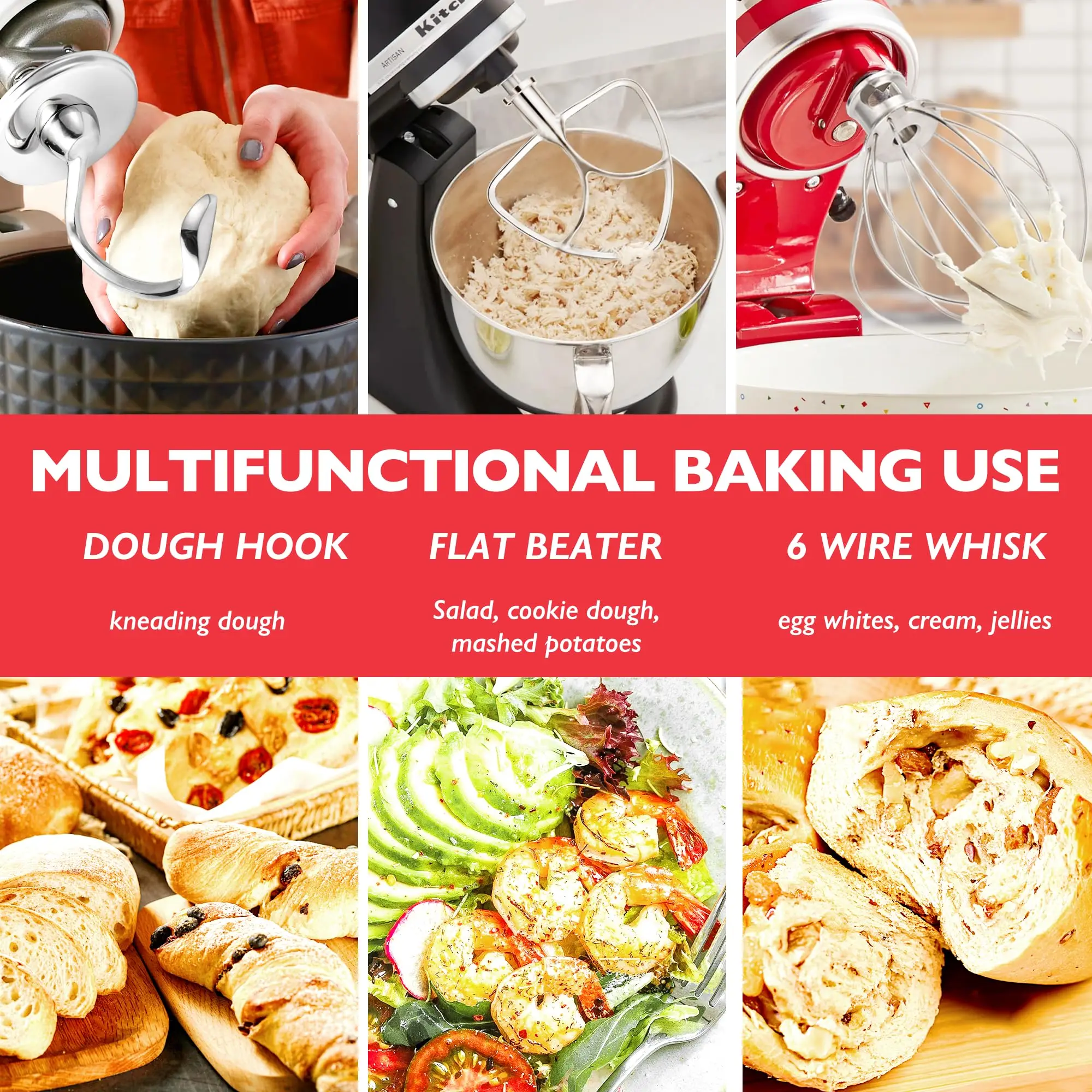 مرفقات الخلاط لخلاط كيتشن ايد 4.5-5QT برأس مائل من الفولاذ المقاوم للصدأ K45WW سلك سوط K45DH خطاف العجين المسطح