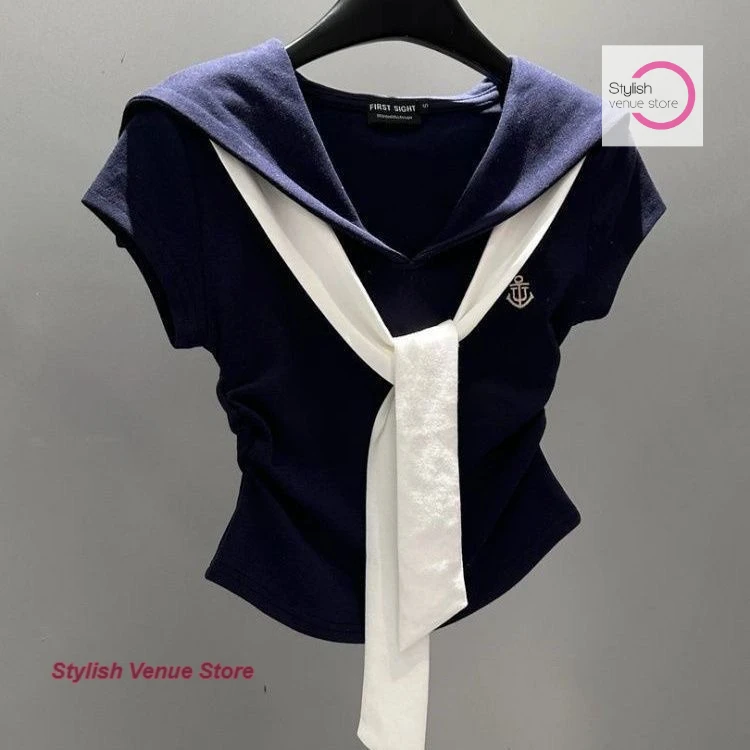 Korean academic temperament contrast navy collar short sleeve T-shirt female summer new slim casual fashion Joker slim top.