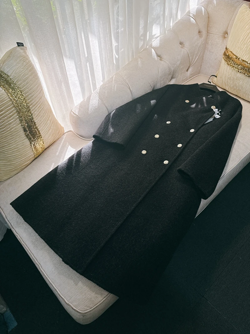 Koreaanse Sle Lange Double Breasted Dubbele Wollen Jas Bla Loose Fit Dubbelzijdige Zijden Mohair Trenchcoat Ele Pendelkleding