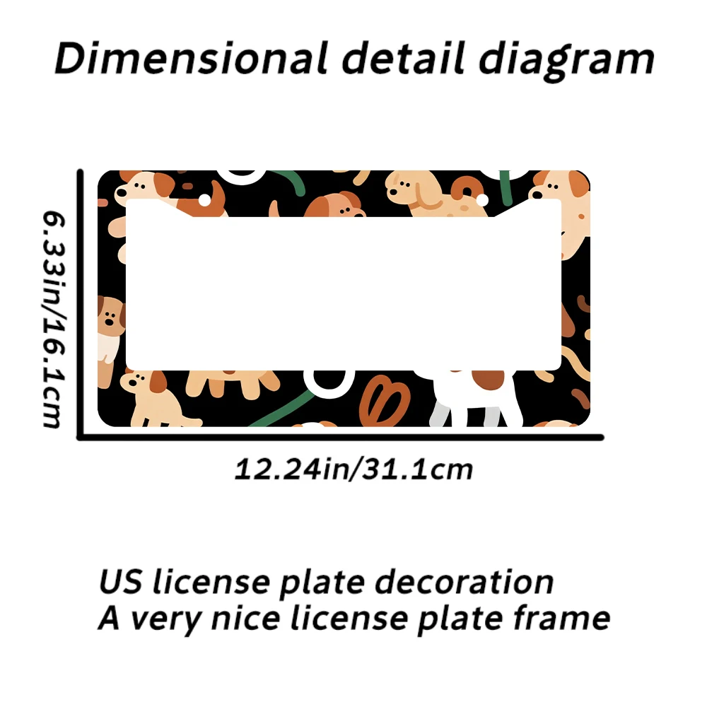 1pc Black Color Cartoon Dog Pattern 2 Hole License Plate Frame Aluminum Material 6x12 Inches with Screw Set Funny Car Decoratio