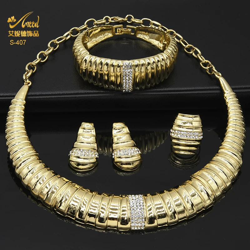 ANIID Dubai 2022 New High Quality Wedding Necklace Jewelry Set African Plated Gold Choker Necklace Bracelet Sets Gifts Wholesale