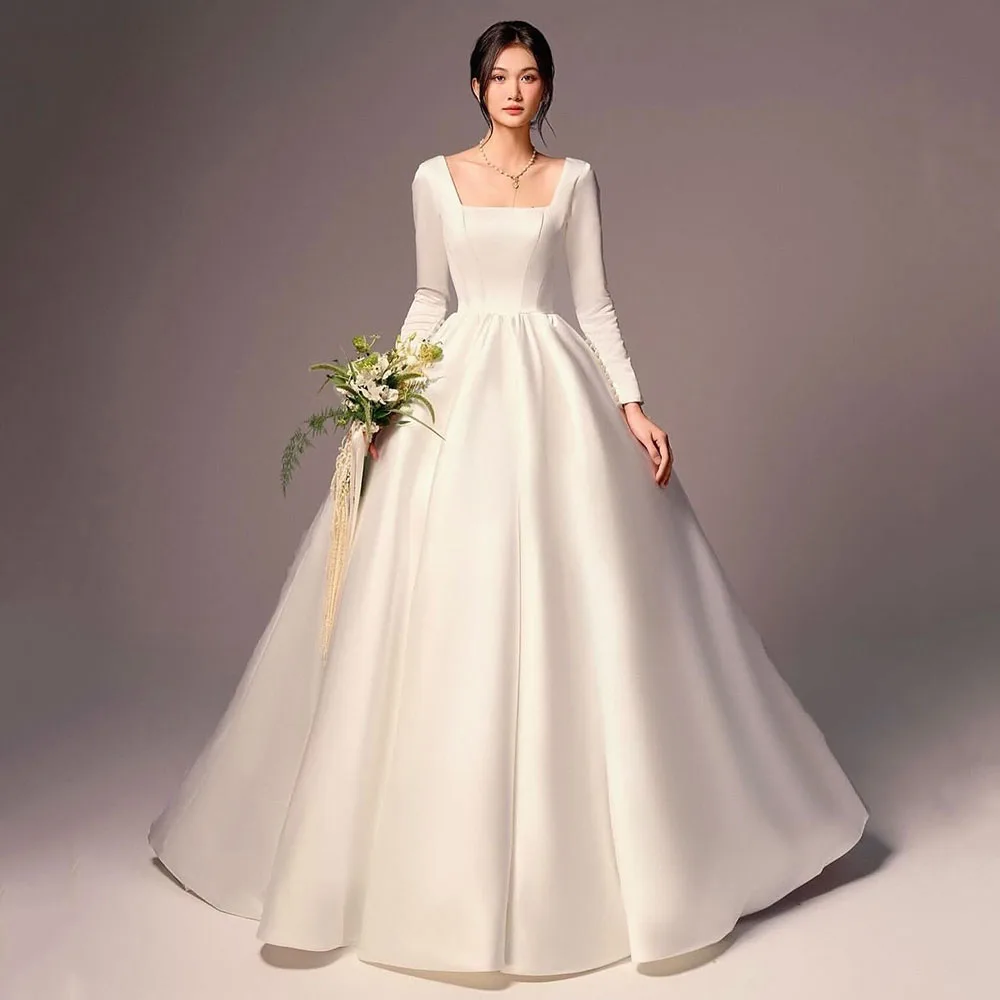 Church Wedding Dresses Women‘s Satin Civil Wedding Gown Long Sleeve Square Neck Backless A-Line Formal Bridal Dress Customized