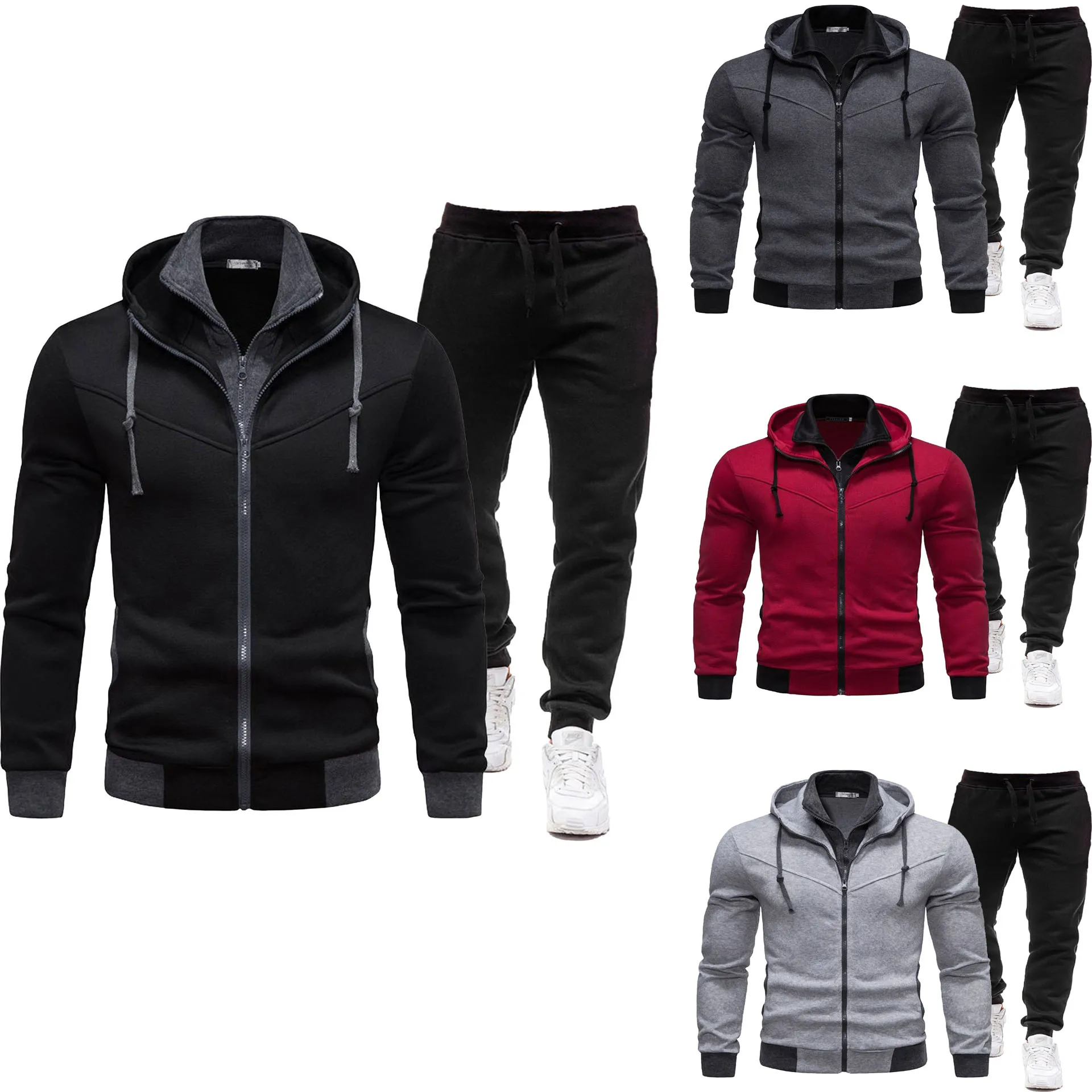 2025 autumn and winter sports splicing men's jacket casual long sleeved pants hooded sports men's set two-piece set image 5