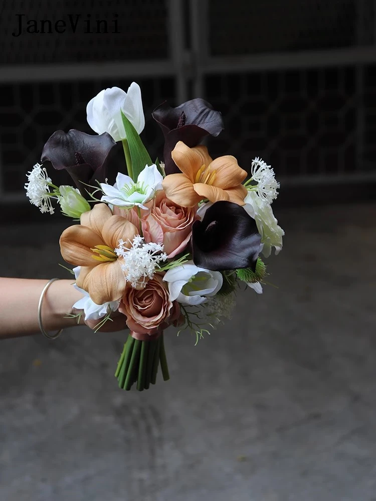 Janevini Vintage Herfst Kunstmatige Rozen Calla Lelie Bide Boeket Bloemen Bruiloft Bruids Bruidsmeisje Boeket Accessoires Mariage