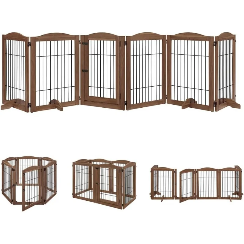 

Freestanding 6 Panels Wood & Wire Pet Playpen, Walk Through Dog Gate Foldable Stairs Barrier, 4 Support Feet Exercise Pen