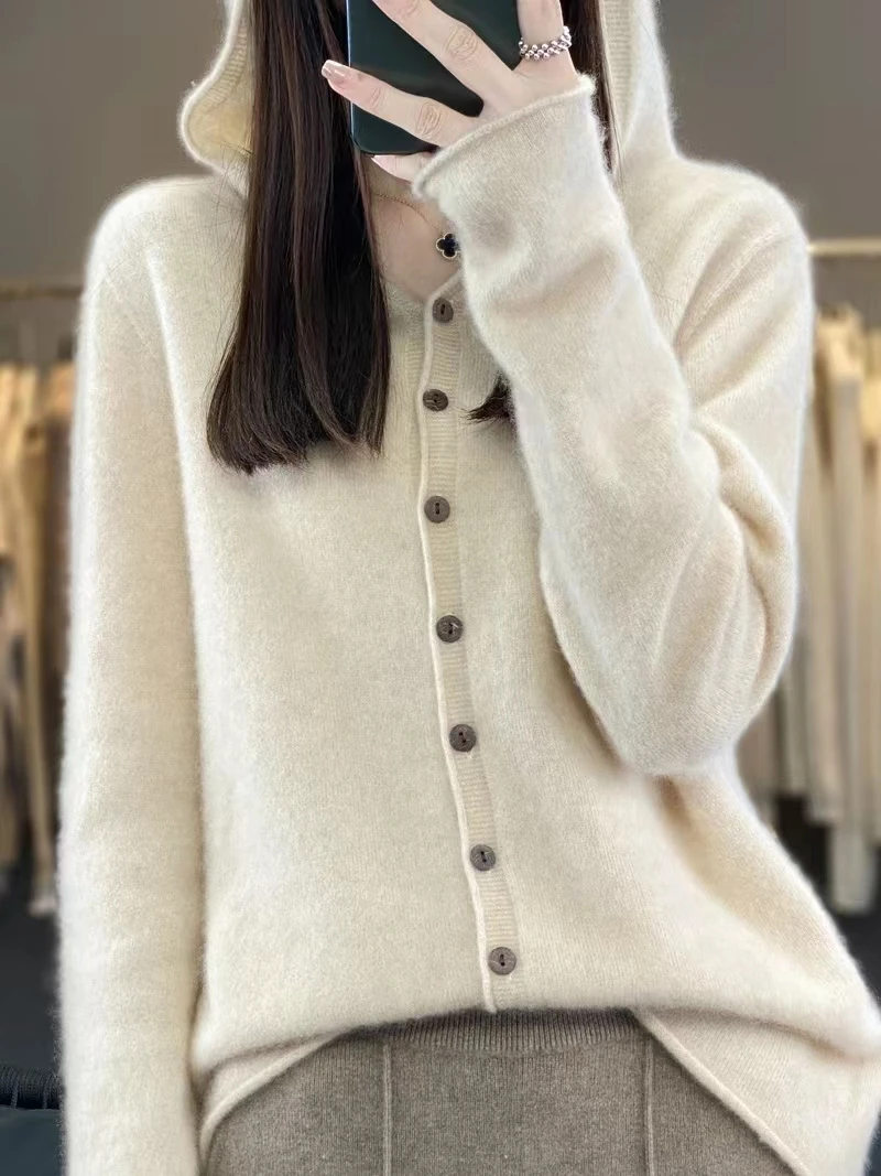 2024 Hot Sale Autumn Women\'s Cardigan 100% Wool Knitted Sweater Chic Tops Cashmere Coat Hooded Collar Loose Large Size Women\'s