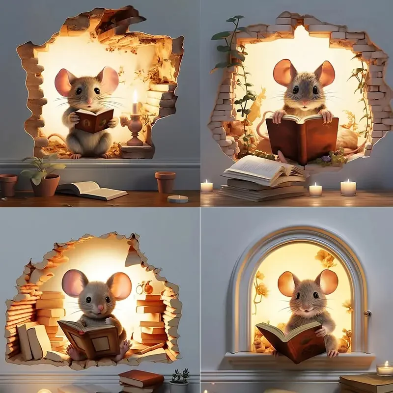 1pc Maus Buch Liebhaber Nette Maus Loch Wand Aufkleber Wasserdichte Vinyl Aufkleber Hause Schlafzimmer Wohnzimmer Tier Dekoration