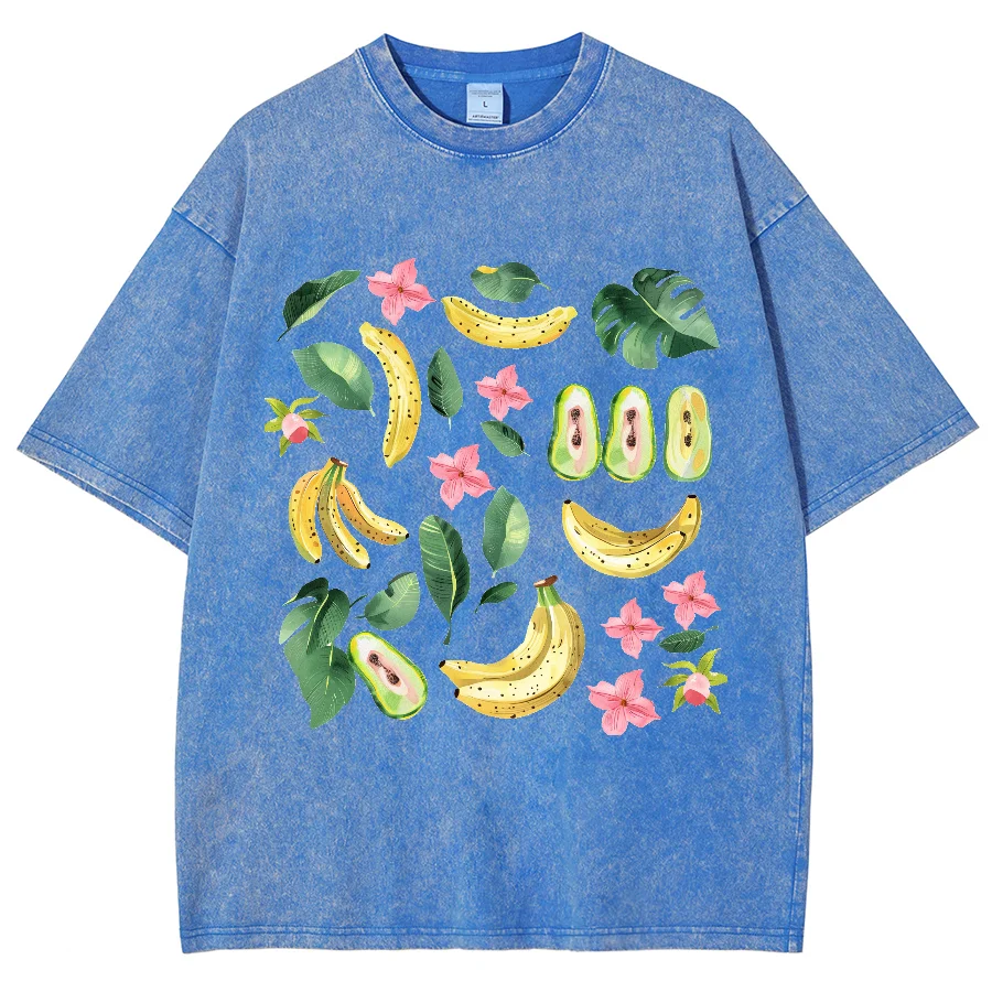 Banana Pattern Printing T-shirt Water Washed Fabric  for Men Women Summer Relaxed Short Sleeve Couple Wear Harajuku Top Tee