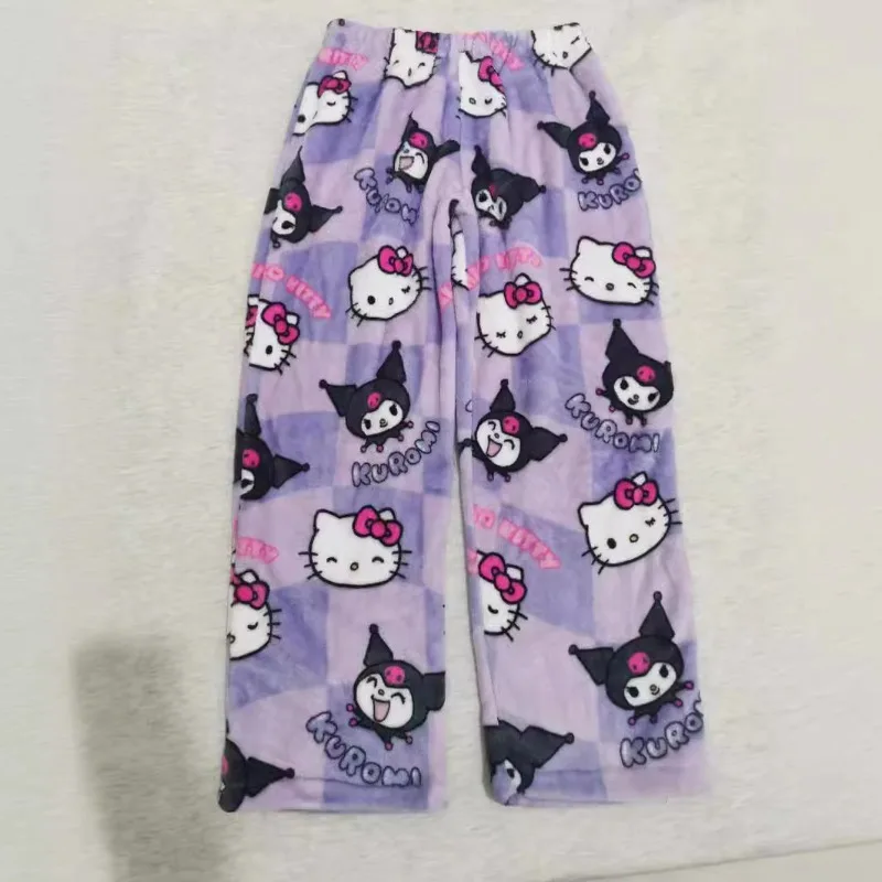 Korean Kuromi Casual Sports Shorts Flannel Cartoon HelloKitty Women Spring Autumn New Item Elastic Waist Sleeping Wide Leg Pants