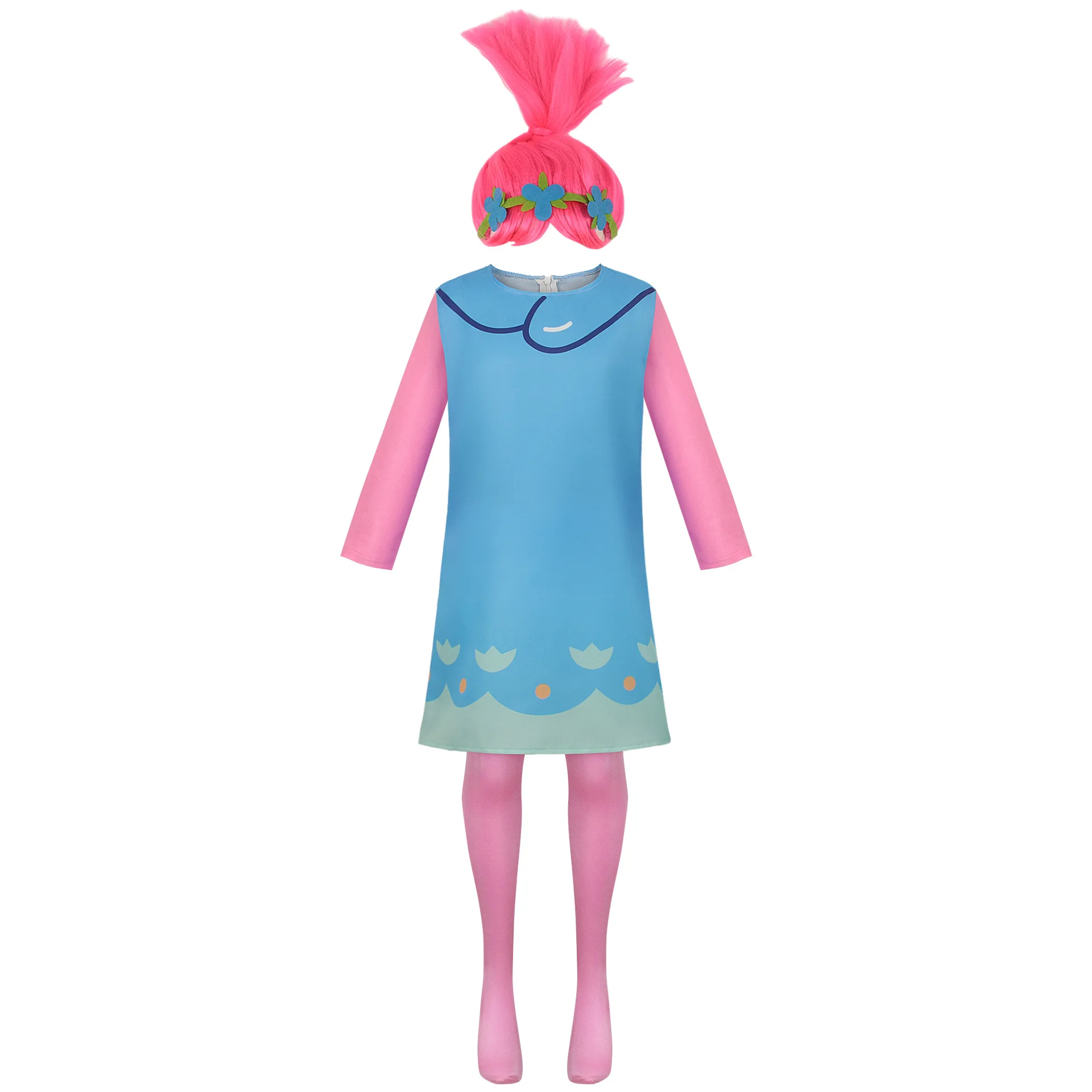 Magical Princess Poppy Costume Fancy Girls Outfits Blue Dress Pink Wig Adult Kids Halloween Carnival Birthday Party Cosplay Suit - view 2