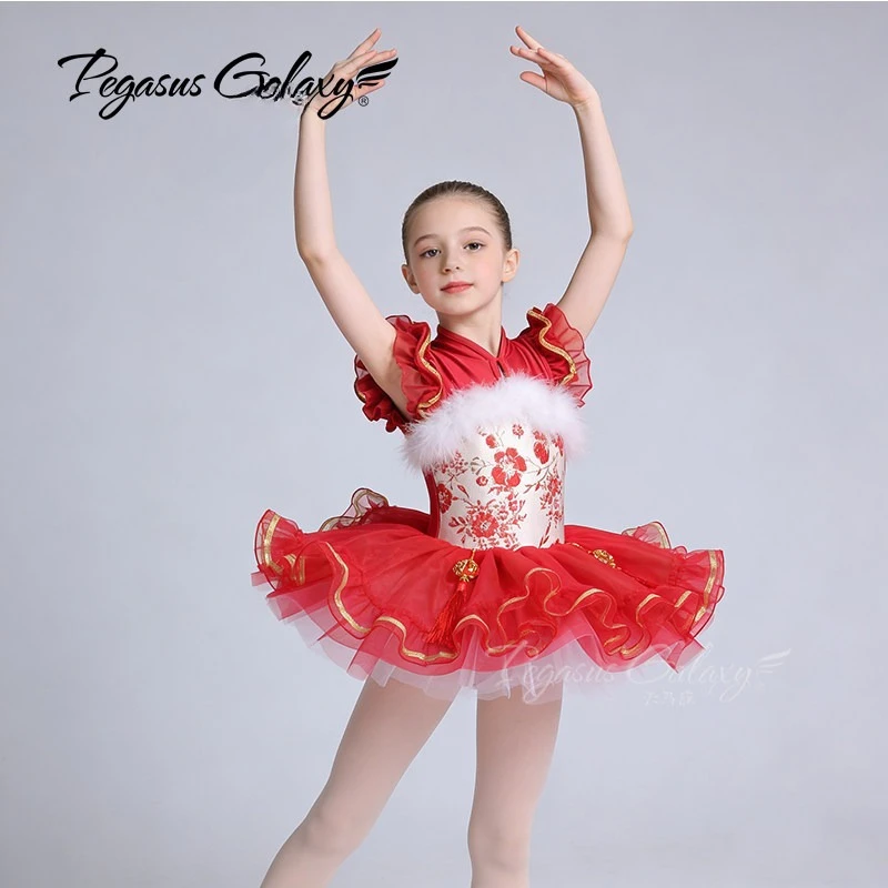 

Балетное платье с короткими рукавами и красными цветами для девочек, праздничные платья в китайском стиле, женские костюмы для сценических выступлений, танцевальные костюмы, детская одежда для выступлений