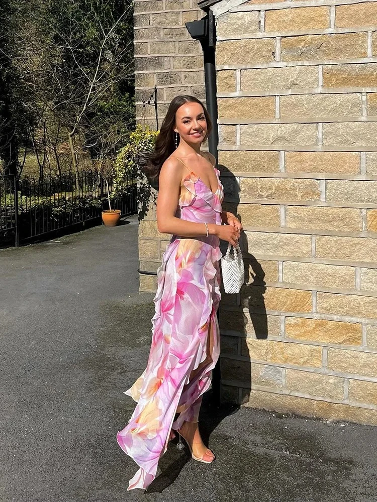 

Woman Strapless Splits Irregular Tassel Patchwork Backless Bandage Party Skinny Vestidos Flower Print Dress