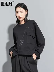 [EAM] Black Topstitched Irregular Sweatshirt New Round Neck Long Sleeve Women Big Size Fashion Tide Spring Autumn 2023 1DH7065