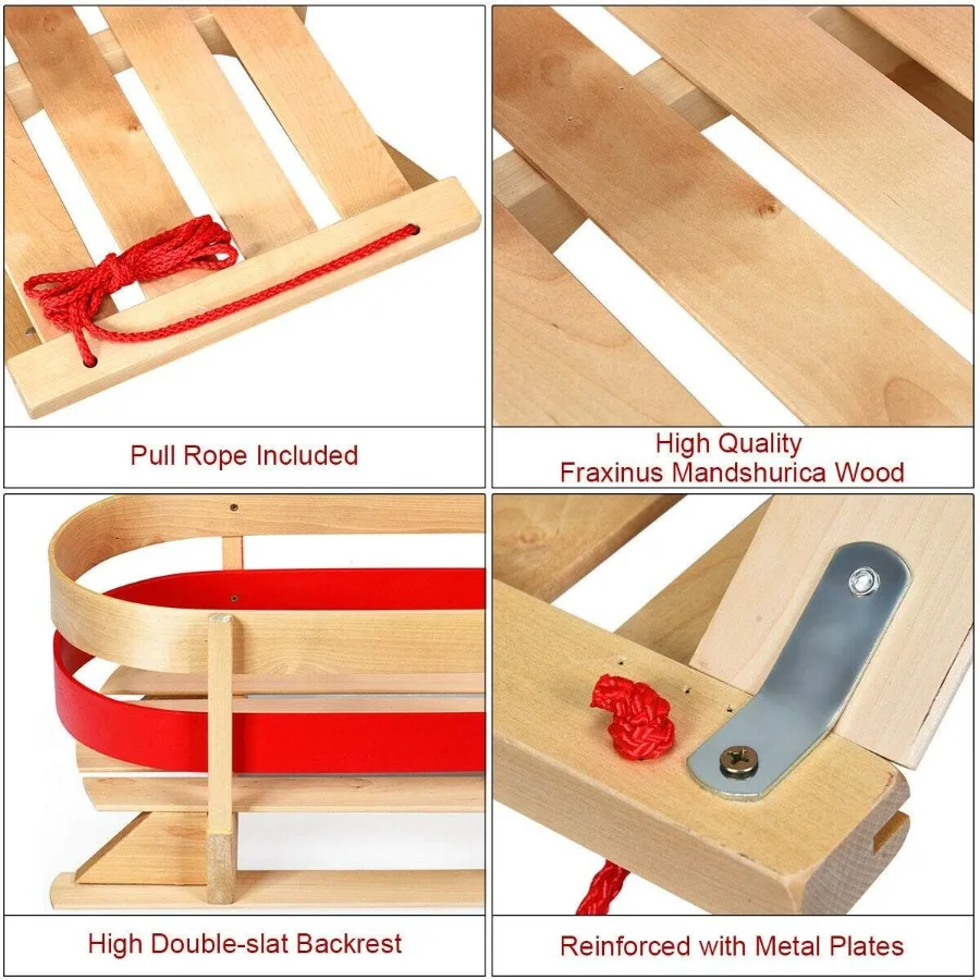 고플러스 나무 썰매 스노우 우드 썰매 솔리드 우드 시트와 당기는 밧줄이 있는 슬라이더, 330파운드 무게 용량의 토보건
