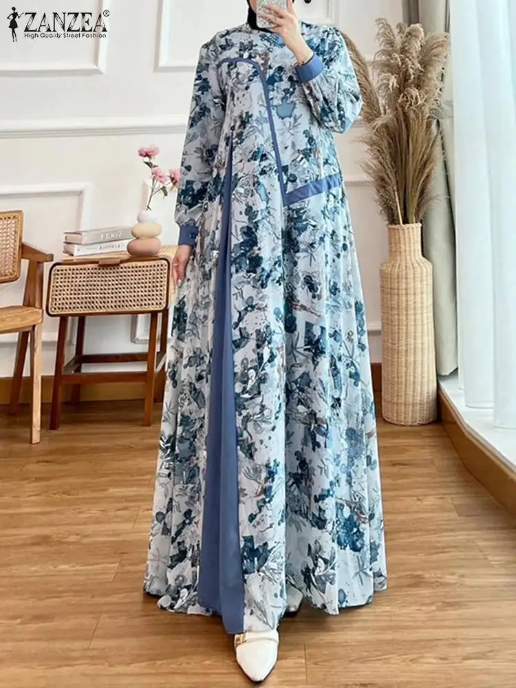 ZANZEA Women Long Puff Sleeve Islamic Maxi Dress Muslim Fashion O Neck Patchwork Abaya Robes 2024 Autumn Vintage A-line Vestidos