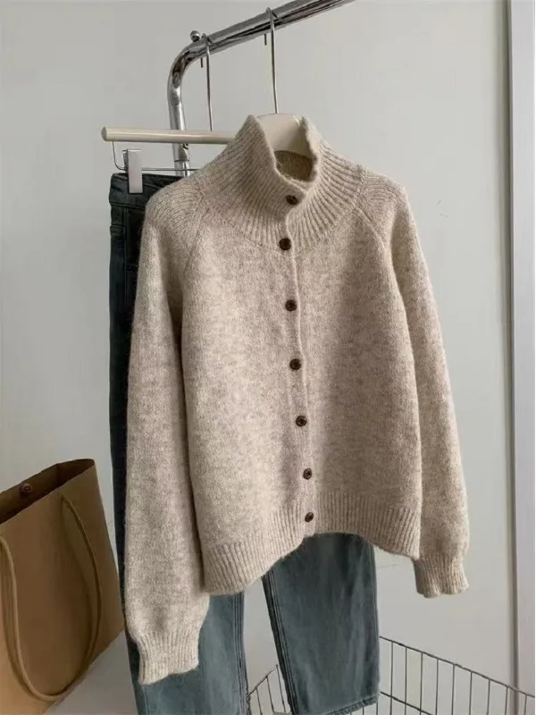 Elegant Knitted Open Cardigan Women's Autumn Winter Soft Lazy Grey Inner High Collar Button Sweater Loose Style Regular Fit