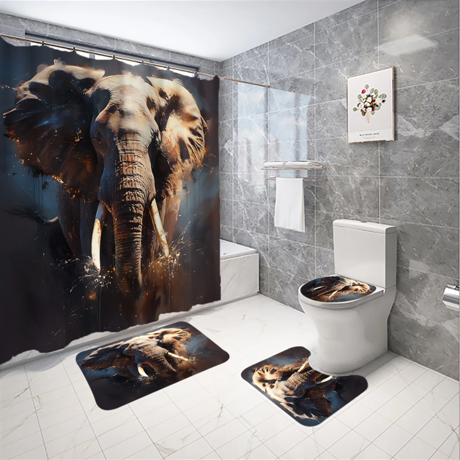 

4pcs Blue Flame Running Elephant Pattern Shower Curtain Set, Bathroom Curtains, Bathroom Decorative Shower Curtain,