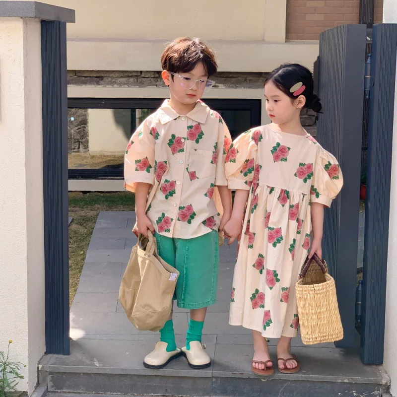 

Matching outfits for children2026Summer style loose-fitting peony print short-sleeve shorts set with puff sleeves for boys and g