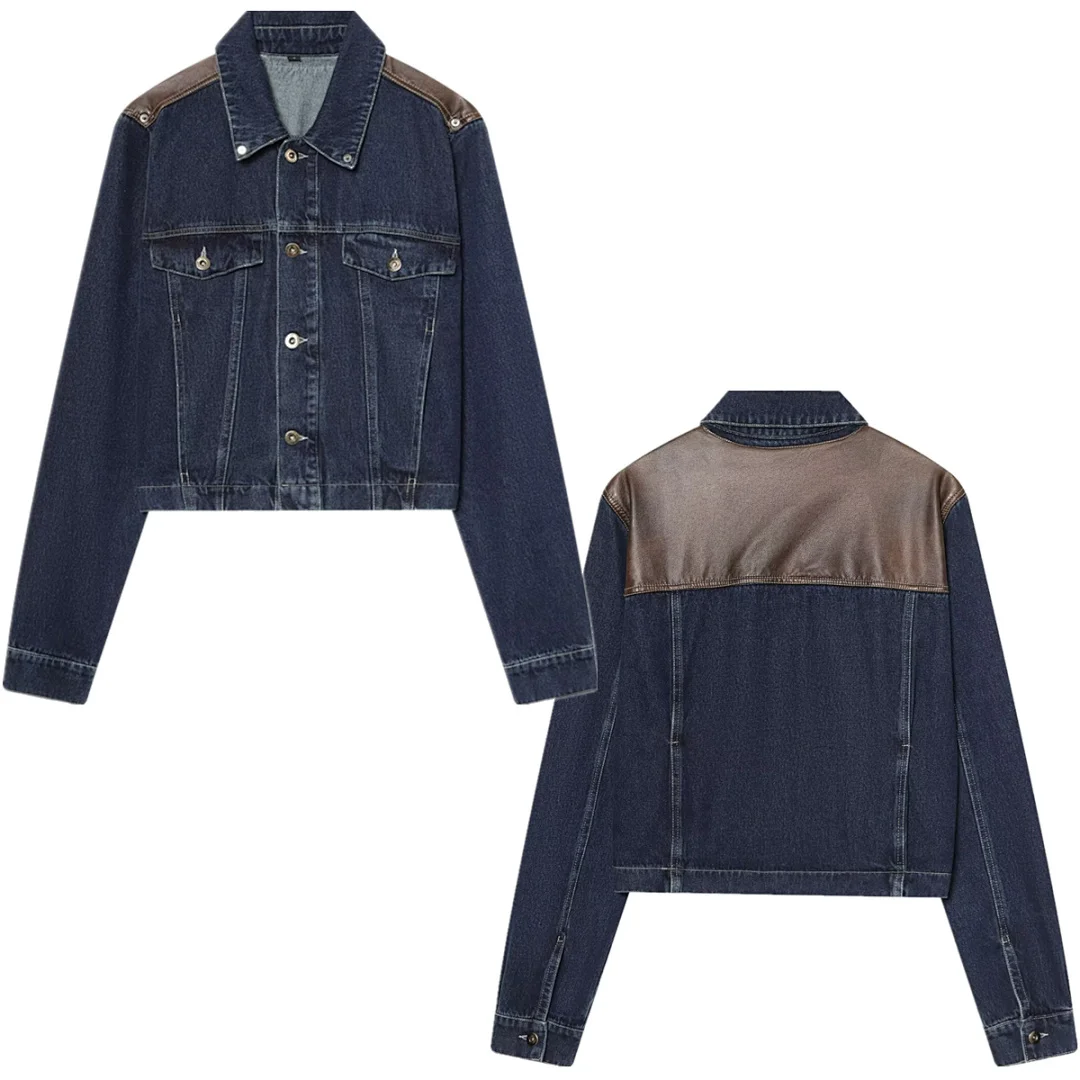 

Maxdutti Minimalist Fashion Elegant Spring Casual Bomber Jacket Leather Denim Patchwork Women's Jacket Woman Clothes Tops