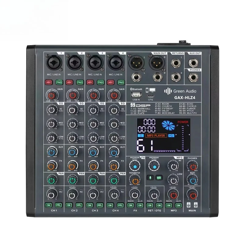 GAX-HLZ4 Professional 4 Channel Audio Mixer with 99 DSP Effects Blueteeth USB and OTG Interface for Studio Live Use