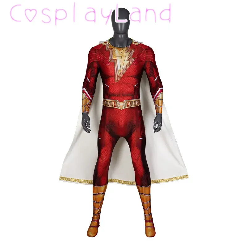 Fúria dos Deuses Cosplay Capitão Roupa Billy Batson Impressão Traje Adulto Macacão de Super-herói com Capa Carnaval de Halloween