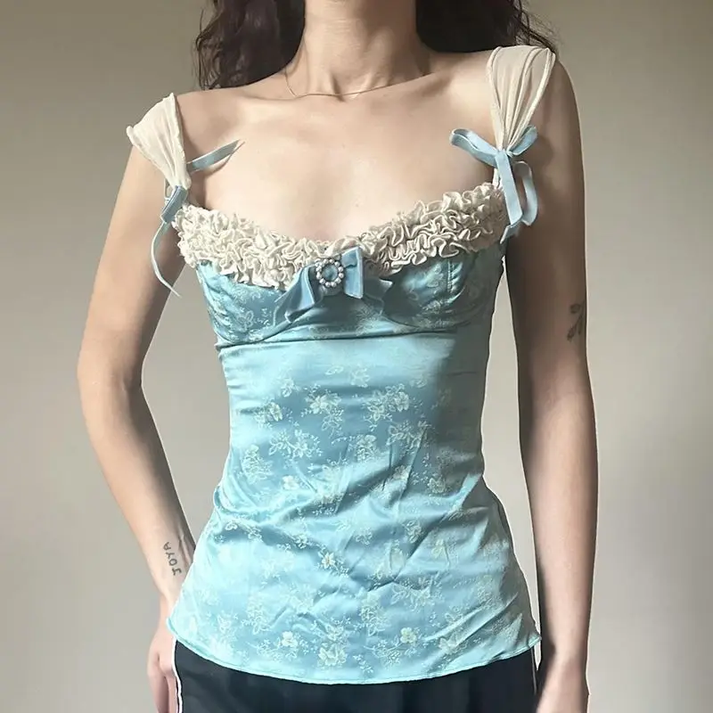 French Lace Bow Stitching Sling Vest Summer Girl Sexy Sleeveless Top