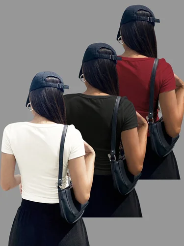 Imagen 2 del producto Conjunto de tres piezas de camiseta informal con cuello cuadrado, color sólido, primavera, verano y otoño, europeo y americano