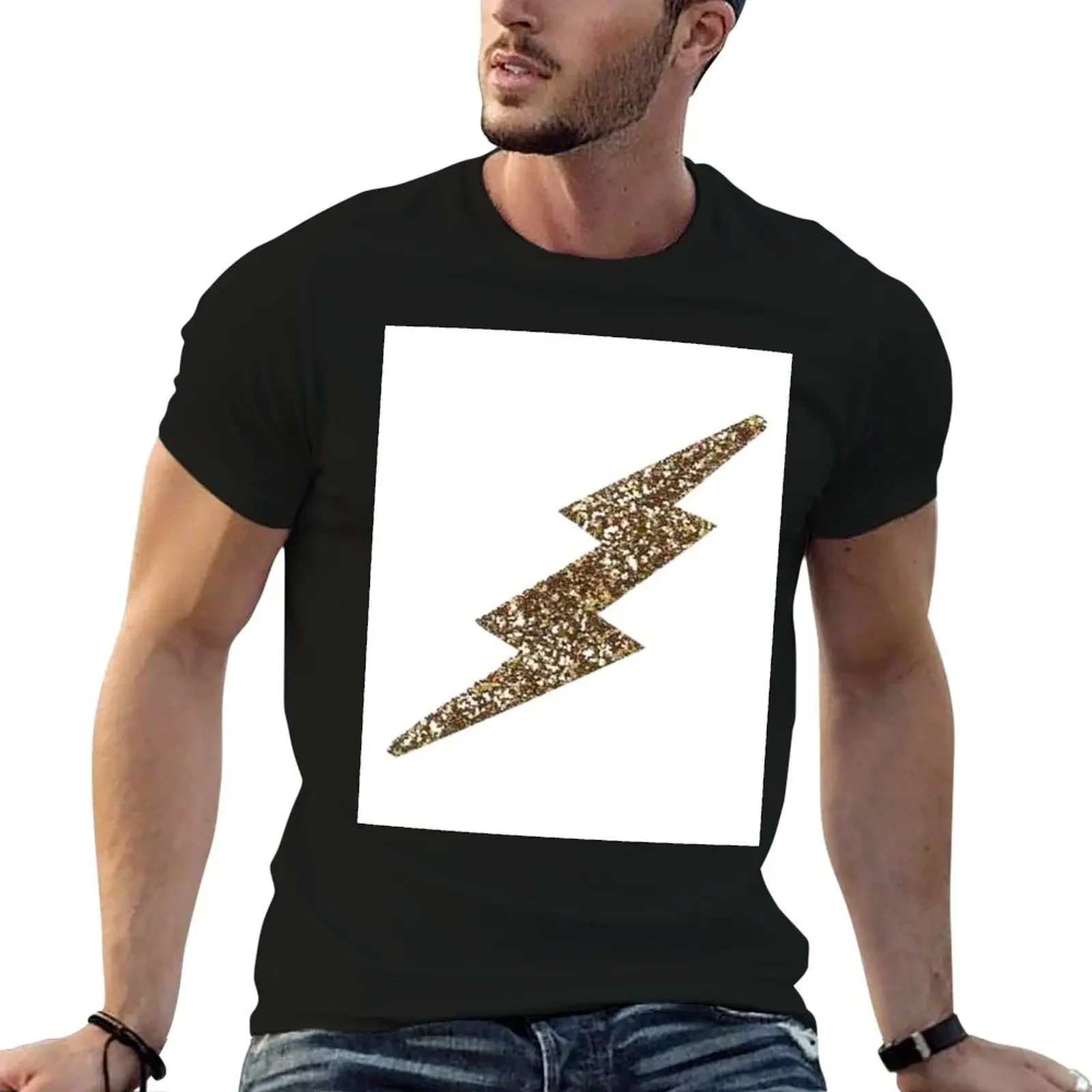 

gold glitter bolt T-Shirt hippie clothes valentines clothes cotton man t-shirts blue archive Men's clothing