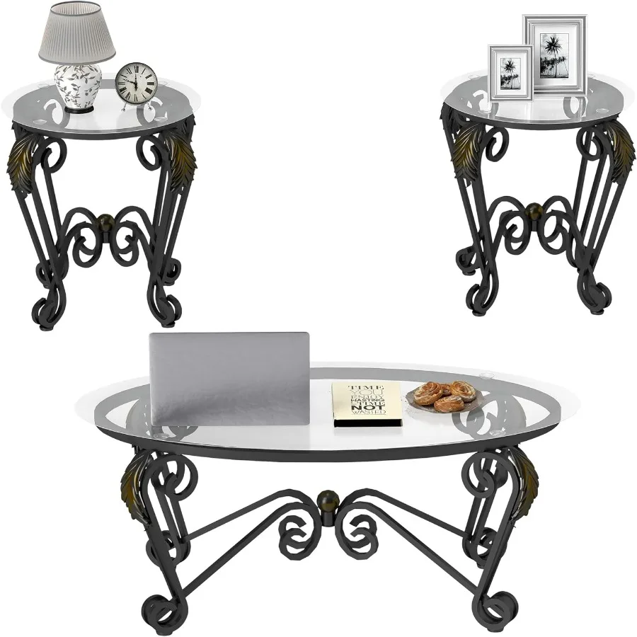 Glass Coffee Table Set of 3 Tempered Glass Surface Living Room Sets with Metal Frame Including 1 Oval Coffee Table and 2pcs Rou