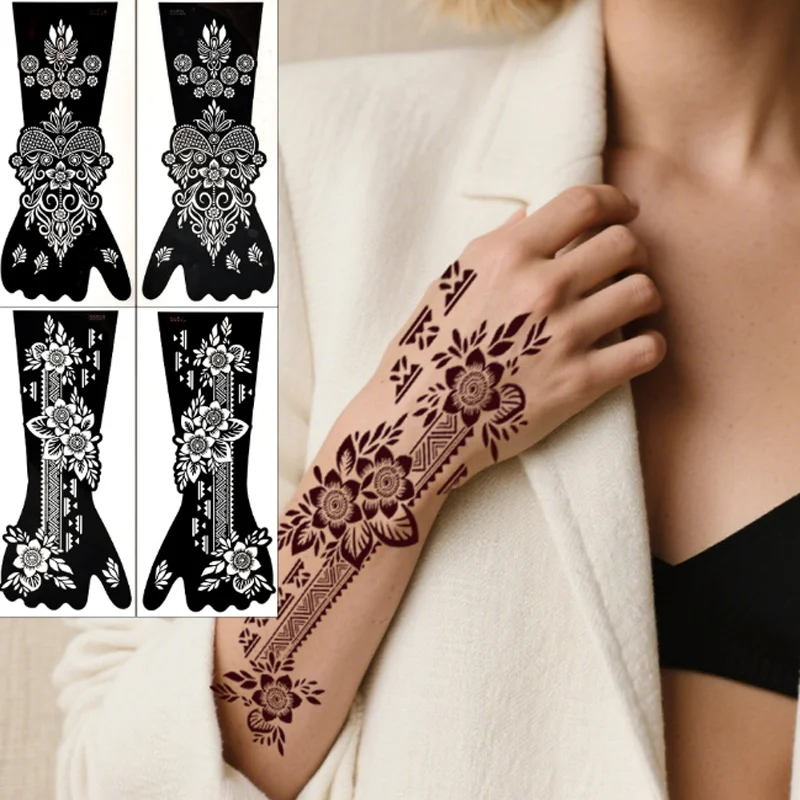 

Arm Henna Tattoo Stencil Large Hand Flower Star Moon Hollow Tattoo Template Full Hand Colorful Painted Semi Permanent Tattoo