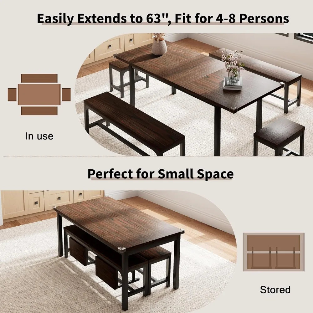 5 Pieces Dining Room Table Set for 4-6,with 2 Benches & 2 Stools, Small Dining Table Set with Metal Frame & MDF Board, Walnut