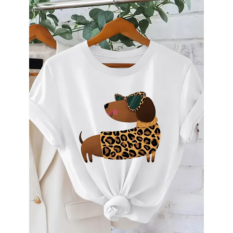 Leopard Print Outfit with Dachshund Print Women T-shirt for Spring and Summer Trendy and Cute Pet Style Loose Fitting Women Top