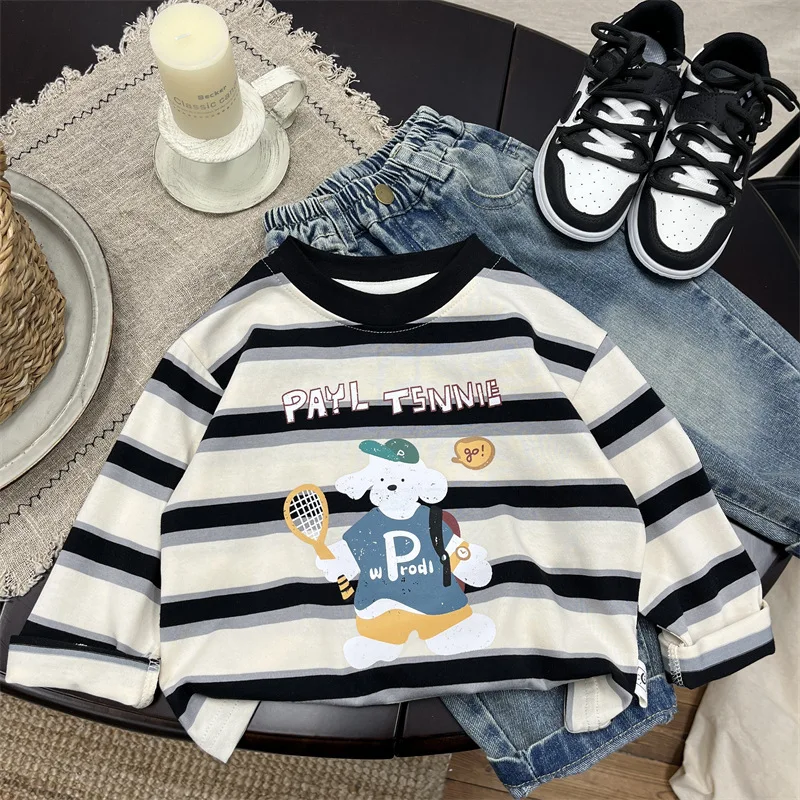 Children Clothes Kids Casual Hoodie Cartoon Round-neck Long-sleeved T-shirt Spring Striped Versatile Boys and Girls Casual Top
