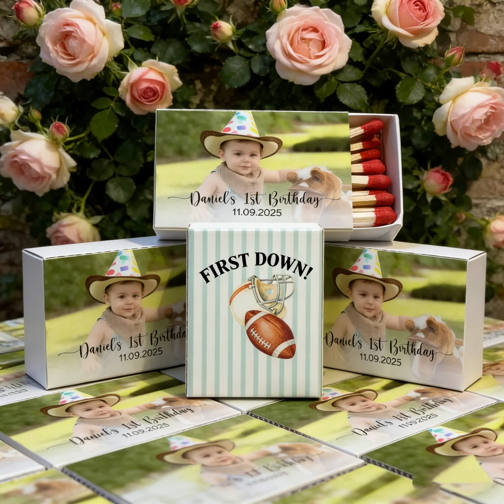 cute-photo-matchboxes-for-baby’s-first-birthday-custom-football-first-down-sports-party-favors-stripe-personalized-matchbooks